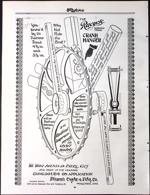 Suspensión de manivela de banda de rodadura estrecha para bicicleta 1896 Miami Cycle & Mfg Co distribuidor anuncio impreso Foto 1 de 2