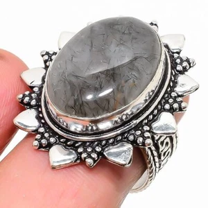 Natural Black Rutilated Quartz Gemstone 925 Sterling Silver Ring Size 7.5 O082 - Picture 1 of 6