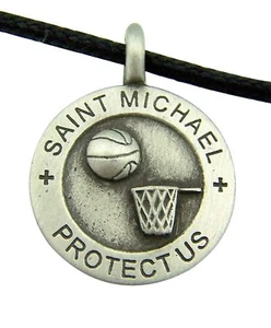 Round Pewter Archangel Saint St Michael Basketball Sports Medal Necklace - Picture 1 of 2