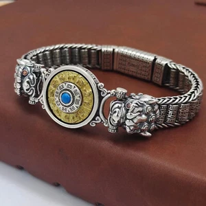 Real S925 Sterling Silver Men Dragon Head Bagua Column Bead Link Bracelet 70.8g - Picture 1 of 5