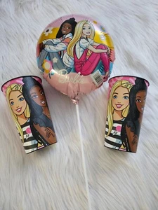 9" Foil Barbie Balloon with Stick and 2 Barbie cups - Picture 1 of 6