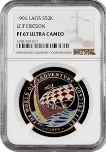 Laos 50 kip 1996, NGC PF67 UC, "World of Adventure - Leif Ericson" Pop 1/1 - Picture 1 of 2