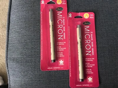 New 2 Pigma Micron Superfine Black Pens Black #01 .25mm & #05 45mm - Image 1 of 2