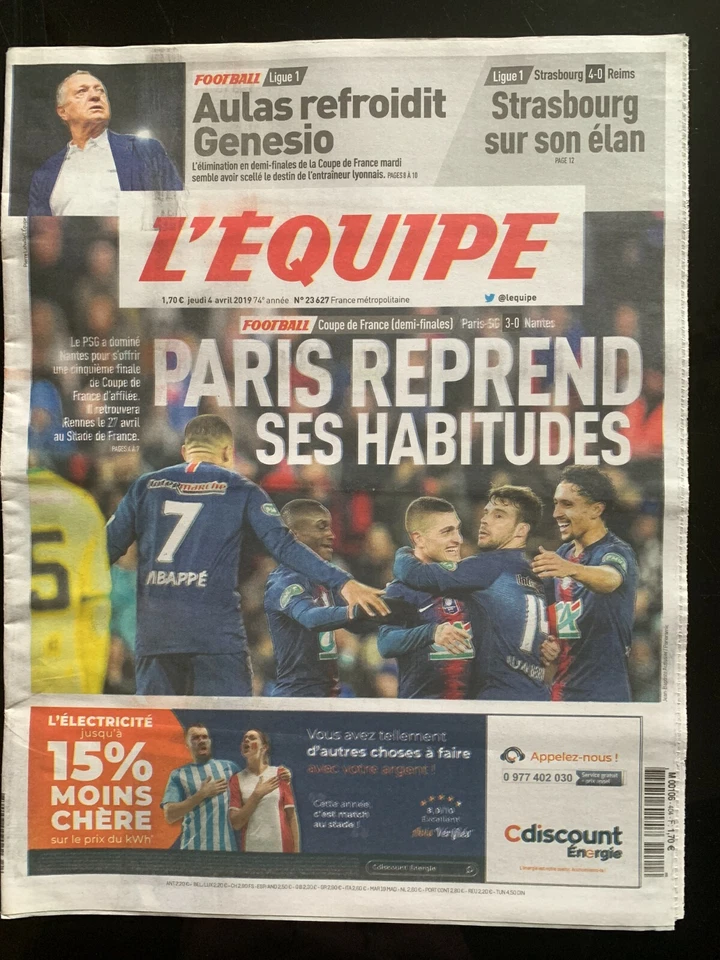 L'Equipe Journal 4/04/2019; Coupe de France 1/2 finales PSg-Nantes 3-0 - Photo 1/1