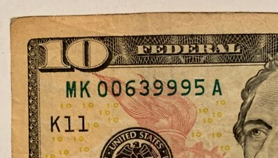 $10 Dollar Bill 2013 Triple NINE Low Serial Number MK 00 63 999 5 A - Image 1 of 3