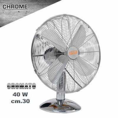 VENTILATORE CROMATO DA APPOGGIO BASE TONDA CROMO LUCIDO 40W METALLO VINCO 70603 - Immagine 1 di 4