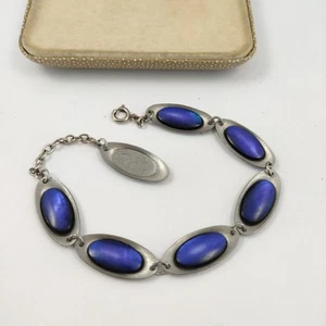 Vintage Stainless Steel And Vibrant Blue Shell Modernist Oval Link Bracelet - Picture 1 of 8