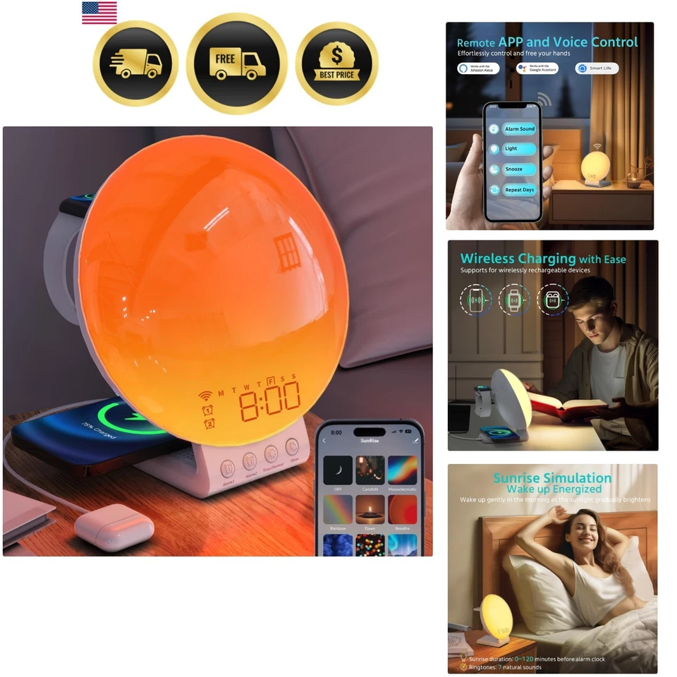 Sunrise Alarm Clock Wireless Charging Night Light Sound Machine Kids Adults - Image 1 of 4