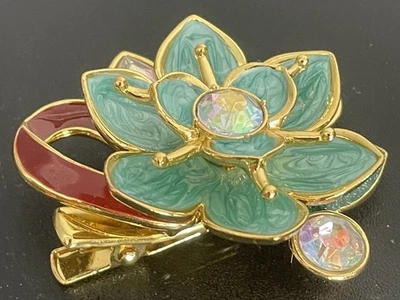 Mulan Lotus Hair Clip Barrette Blue/Green Enamel Gold Tone Euro Disney Licensed - Image 1 of 3
