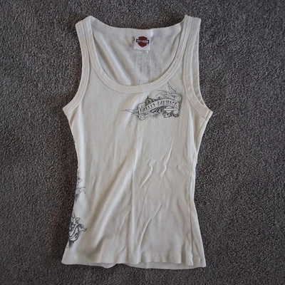 Vintage Womens Harley Davdison Hearts "Forever" Tattoo Tank Top White Black  - Image 1 of 4