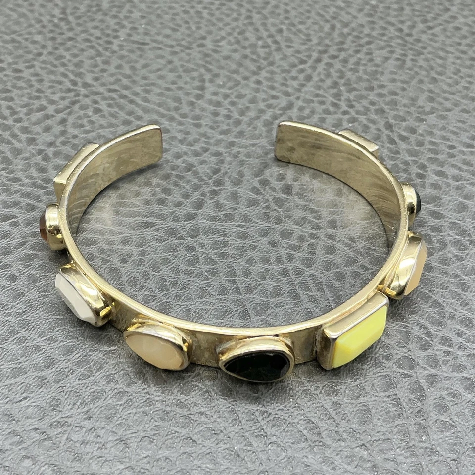 J. Bracelete Crew tom dourado cabochão de pedra multicolorido pulseira aberta moda - Imagem 1 de 4
