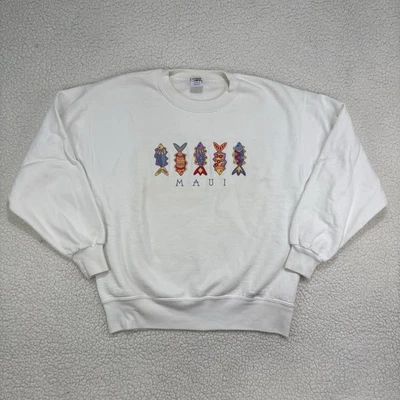 疯狂衬衫夏威夷复古运动衫 90 年代毛伊鱼刺绣小号白色 — 第 1/4 张图片