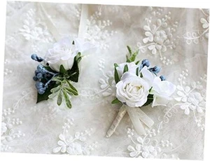 Rose Wedding Wrist Corsage and Boutonniere Set Party Prom Hand Ribbon White - Picture 1 of 5