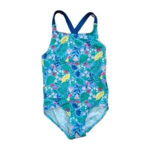 MINI BODEN Green Cross-Back Printed Swimsuit Birds Flowers Vines Print Size 4-5 - Picture 1 of 5