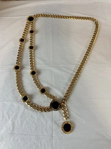 VTG 80's St. John Draped Gold Tone Curb Chain Black Enamel Charm Logo Waist Belt - Picture 1 of 13