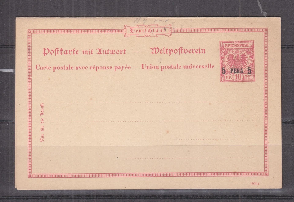 GERMAN EAST AFRICA, POSTAL CARD WITH REPLY, 1895 5 PESA on 10pf. Carmine, 1295f. - Image 1 of 1