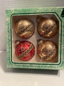 Christmas By Krebs VTG Set of 4 Glass Ornaments Gold Fancy Ribbon1 Red - Picture 1 of 12