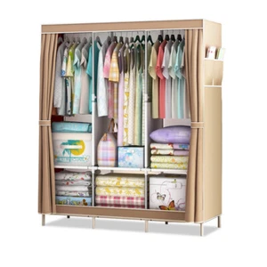 LARGE FABRIC CANVAS WARDROBE WITH HANGING RAIL SHELVING CLOTHES STORAGE CUPBOARD - Picture 1 of 16