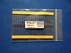 Resistencias, película de carbono, 1/4 vatio, 5%, cable axial, 680 ohmios - CANTIDAD de 20 - Imagen 1 de 1