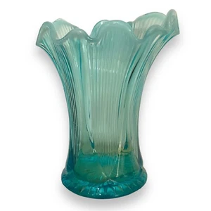Vintage Northwood Opalescent Vase Ruffle Ribbed Aqua Turquoise - Picture 1 of 6