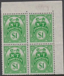 Stamp 1966 Northern Territory stamp duty $1 green C of A watermark block of 4 - Imagen 1 de 2