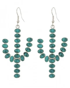NEW Southwest Desert Cactus Faux Turquoise Stones Silver Tone Metal Earrings  - Picture 1 of 1