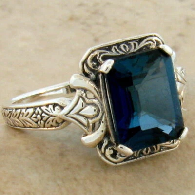 4 Ct GENUINE LONDON BLUE TOPAZ ART DECO STYLE 925 STERLING SILVER RING      #278 - Image 1 of 4