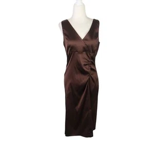 Vintage Y2K Donna Ricco chocolate brown satin ruched cocktail dress 6 - Picture 1 of 7