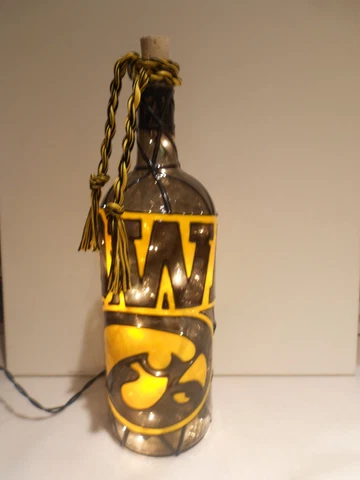 Iowa Hawkeye Inspired Hand Painted Lighted Wine Bottle Stained Glass look Cover