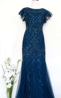 NEW! Adrianna Papell Sequin Beaded Mesh Gown Dress Flutter Sleeve Blue SZ 10 - Image 1 of 4