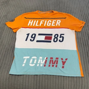 Tommy Hilfiger T-Shirt Mens XL Orange Color Block Short Sleeve Retro Y2K Retro - Picture 1 of 11