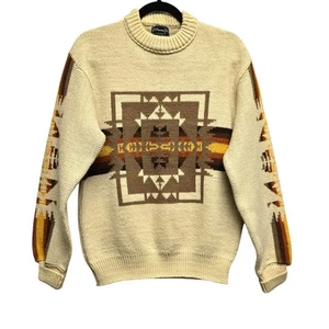 Vintage JCPenney 60s 70s  L Navajo Southwestern Thick Sweater Aztec Cream Brown - Picture 1 of 10