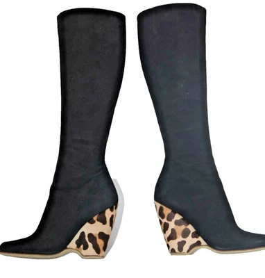 Botas Giuseppe Zanotti altura do joelho camurça preta leopardo animal cunha tamanho 37.5 - Imagem 1 de 4