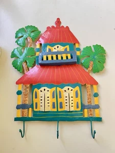3D Tropical House Metal Wall Art Decor Palm Tree Yellow Teal Blue 15” Tall Hooks - Picture 1 of 6