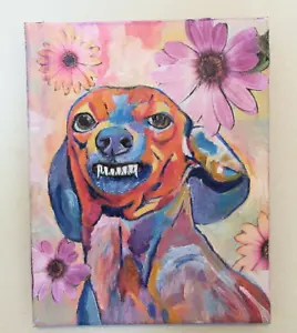 Original Cranky Dackel der Wiener Hund Bright Pop Acrylfarbe Kunst 5" x 7" - Bild 1 von 4