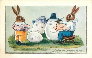 Tarjeta postal de saludos de Pascua pintura huevos de Pascua conejos antropomórficos - Imagen 1 de 2