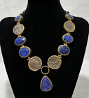 Handmade Lapis Lazuli Stones & Roman Coins Gold Tone 18" Statement Cord Necklace