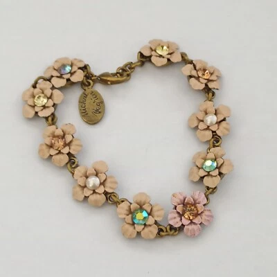 Michal Negrin Bracelet Pastel Pink/Peach/Beige Enamel Flowers Romantic Crystals - Image 1 of 4