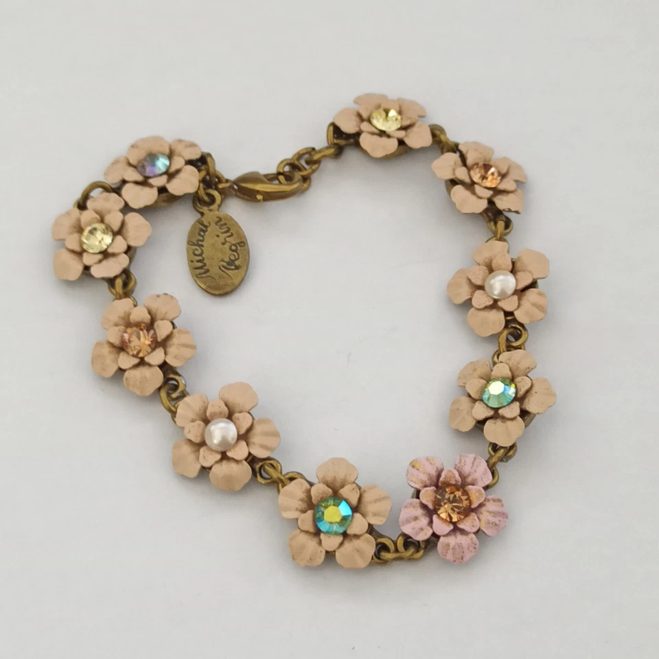 Michal Negrin Bracelet Pastel Pink/Peach/Beige Enamel Flowers Romantic Crystals - Image 1 of 4