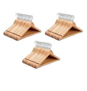 Natural wooden angled Clothes hangers with notches and bar for Suit, Top, Shirt - Picture 1 of 18