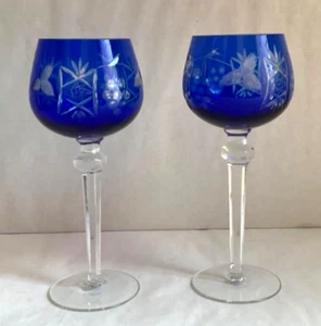 Pair VTG Ajka Marsala Blue Cut To Clear BOHEME Crystal 8.25” Tall Wine Glasses - Picture 1 of 5