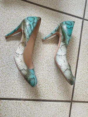  MINELLI JOLIS ESCARPINS TOUT CUIR REPTILE BLEU T 40 SUPER ETAT - Photo 1/4