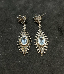 925 Sterling Marcasite Topaz Danlge Post Earrings 13.5mm 1.75in - 7.67g - Bild 1 von 4