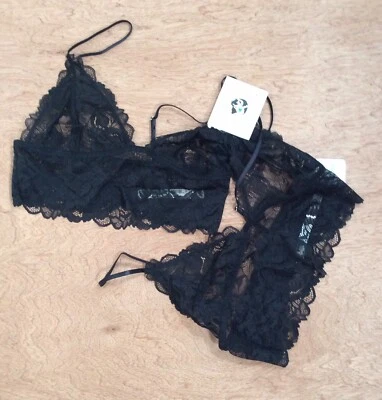 Free People BRALETTE SMALL Everyday Lace Longline SHEER BLACK SET OF 2 - NEW - Image 1 of 4