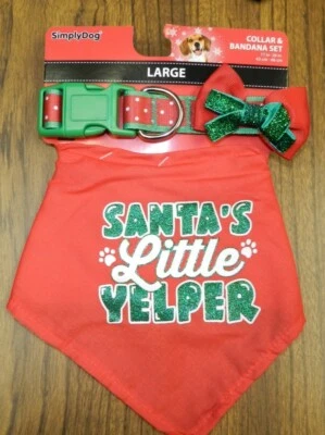 Large red/green/white dotted dog collar w/ bow & bandana "Santa's Little Yelper" - Image 1 of 4