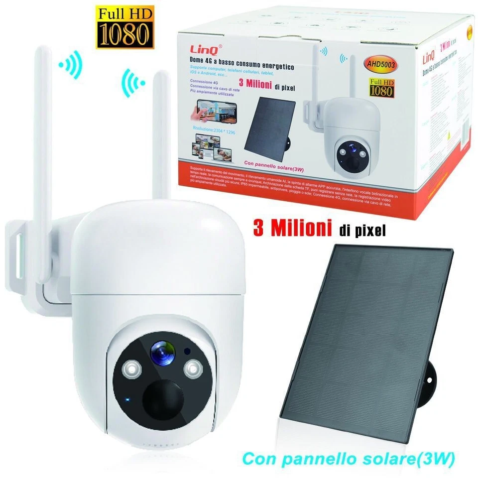 x Telecamera Sorveglianza 4G Solare 3MP Full HD LinQ AHD5003 Rilevamento AI x - Immagine 1 di 1