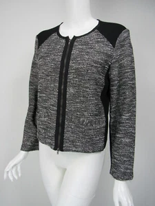 EILEEN FISHER Black Gray Cotton Tweed Black Jersey Trim Zip Front Jacket sz L - Picture 1 of 3