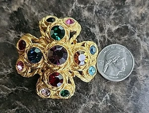 Vintage Multicolor Rhinestones Maltese Cross Gold Tone Brooch Pin - Bild 1 von 8