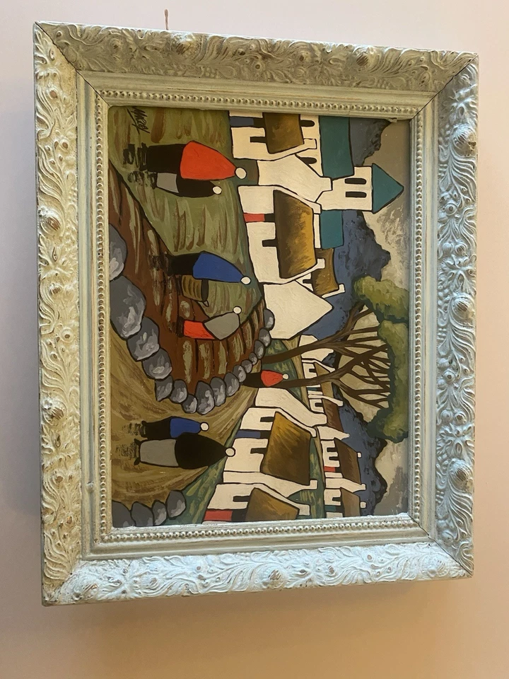 Markey Robinson-Figures before buildings, gouache on board, mounted and framed,  - Image 1 of 4