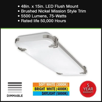 Commercial Electric 48x15 in Brushed Nickel LED Flush Mount Light 5500LM CCT